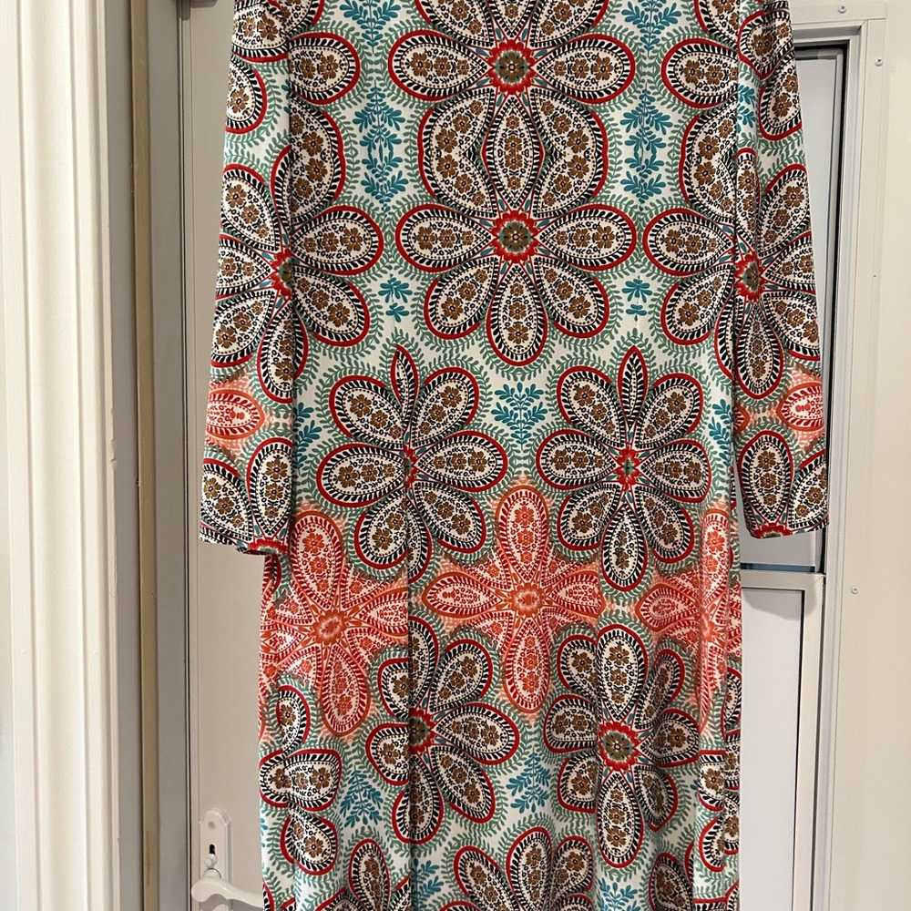 Professional teal and coral floral dress.  Amazing knee length dress.